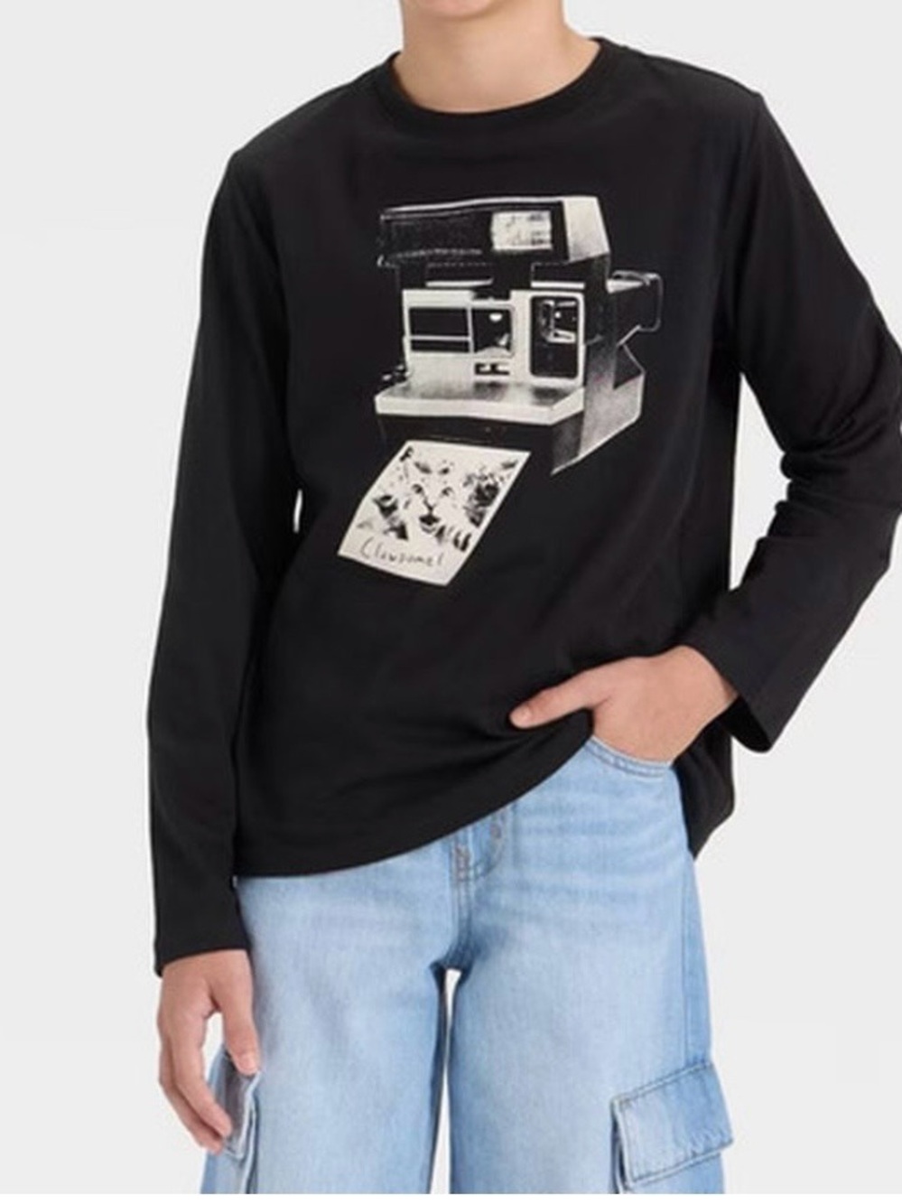 Cat & Jack Black Long Sleeve Tee with Vintage Camera Graphic